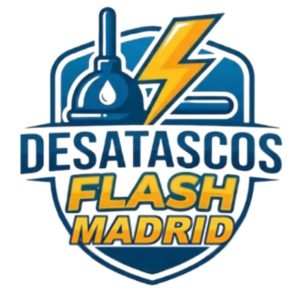 Logotipo de Desatascos Flash Madrid: desatascador y rayo amarillo sobre escudo azul