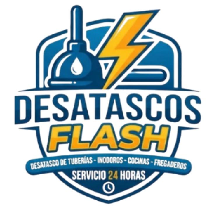 Logotipo de Desatascos Flash: desatascador y rayo amarillo sobre escudo azul